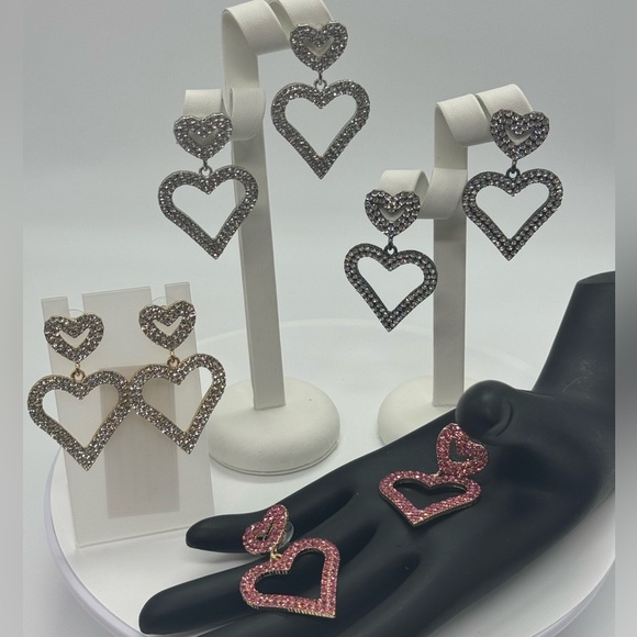 Open Heart Drop Dangle Earrings Made w/ Swarovski Crystal Gold Overlay - Picture 6 of 16